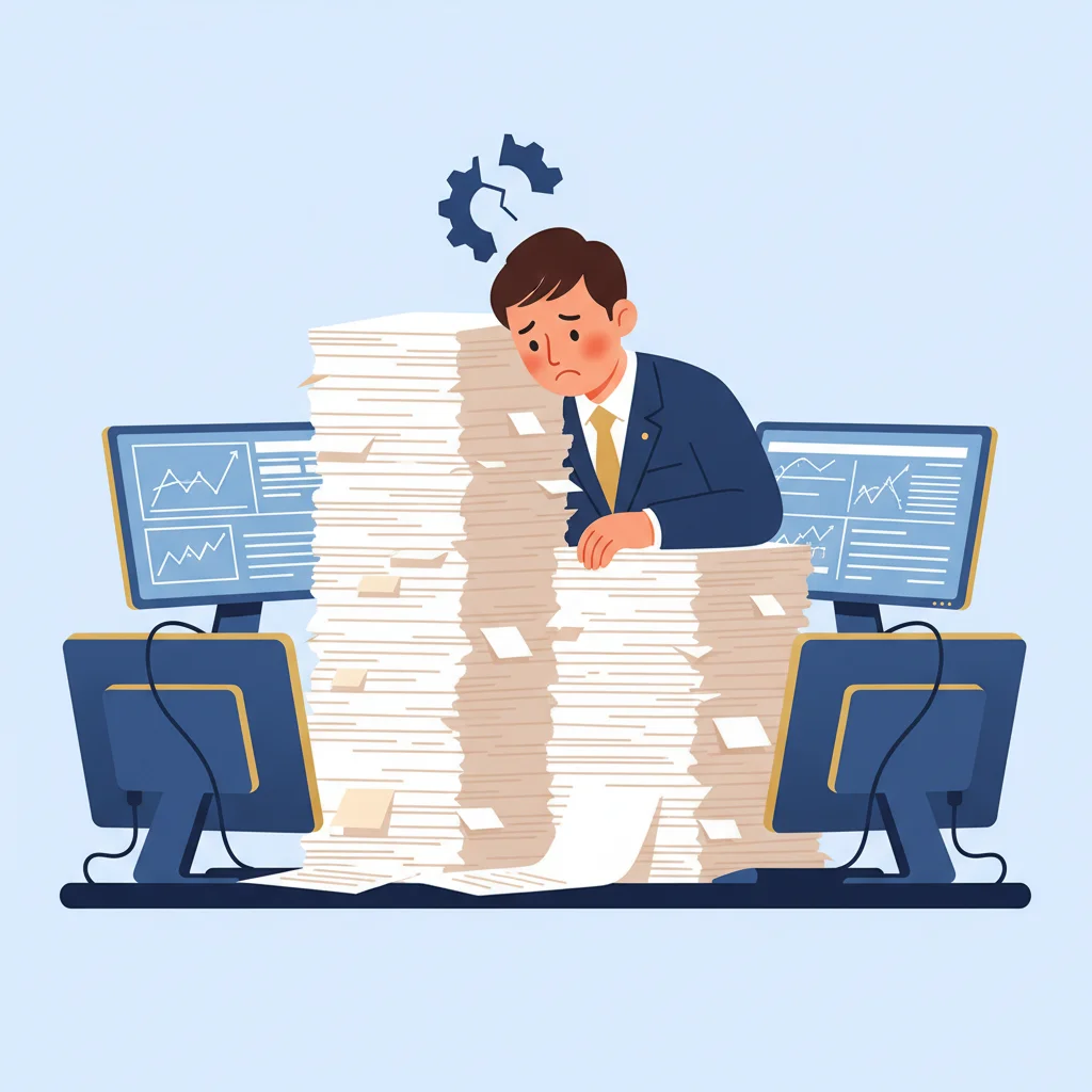 書類とPCに埋もれて疲弊する中小企業の担当者 - 業務効率化前の状態