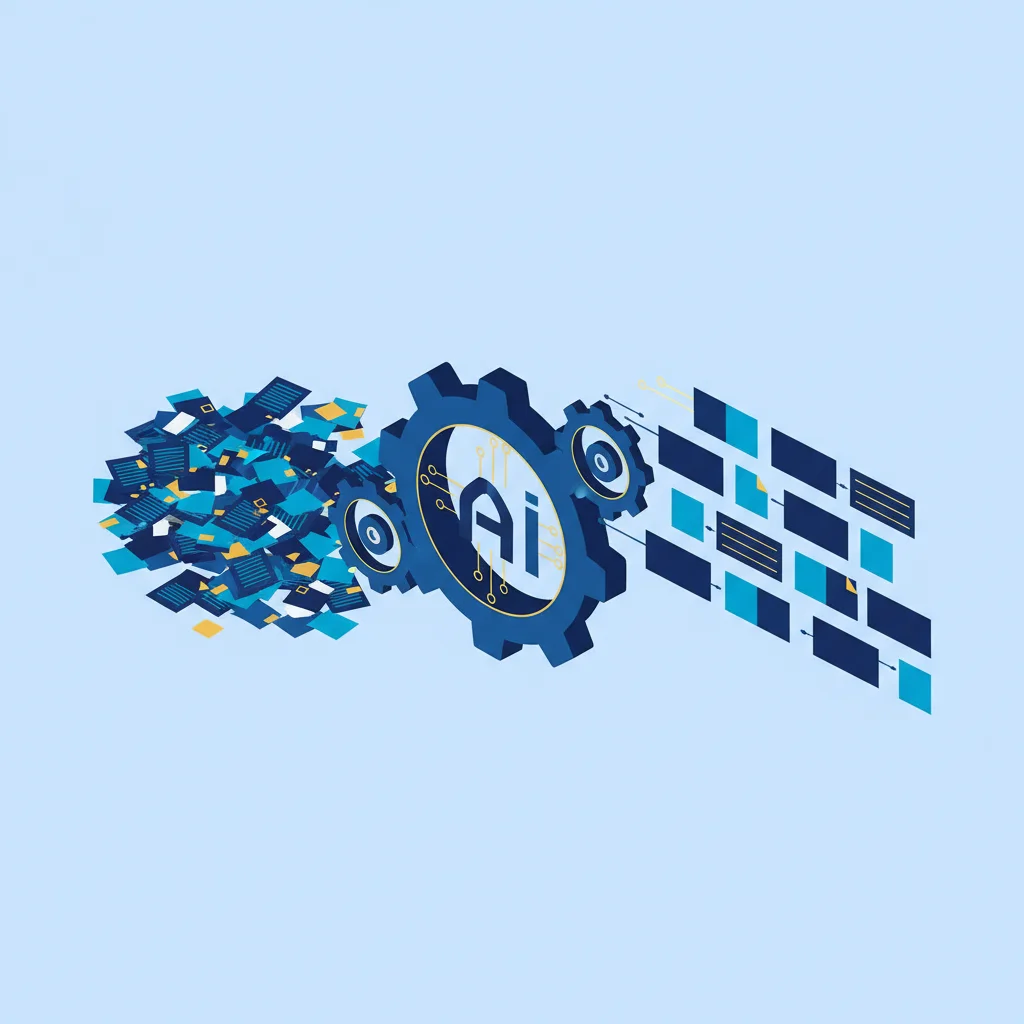 散らかった書類がAIエージェントを通じて整然としたアウトプットに変わる - 業務自動化のイメージ