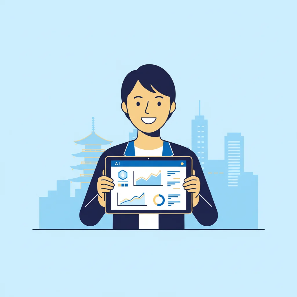 タブレットでAIダッシュボードを使う京都の中小企業経営者 - 京都ビアンエトレのAIエージェント導入後イメージ