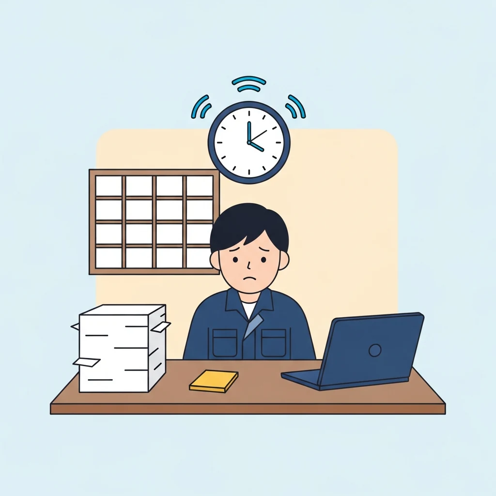 京都の中小企業の経営者が事務作業に追われるイメージ
